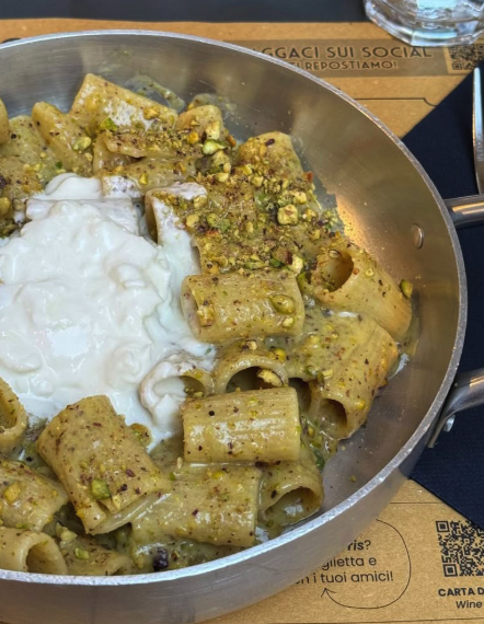 Sicilian pistachio pasta topped with creamy stracciatella